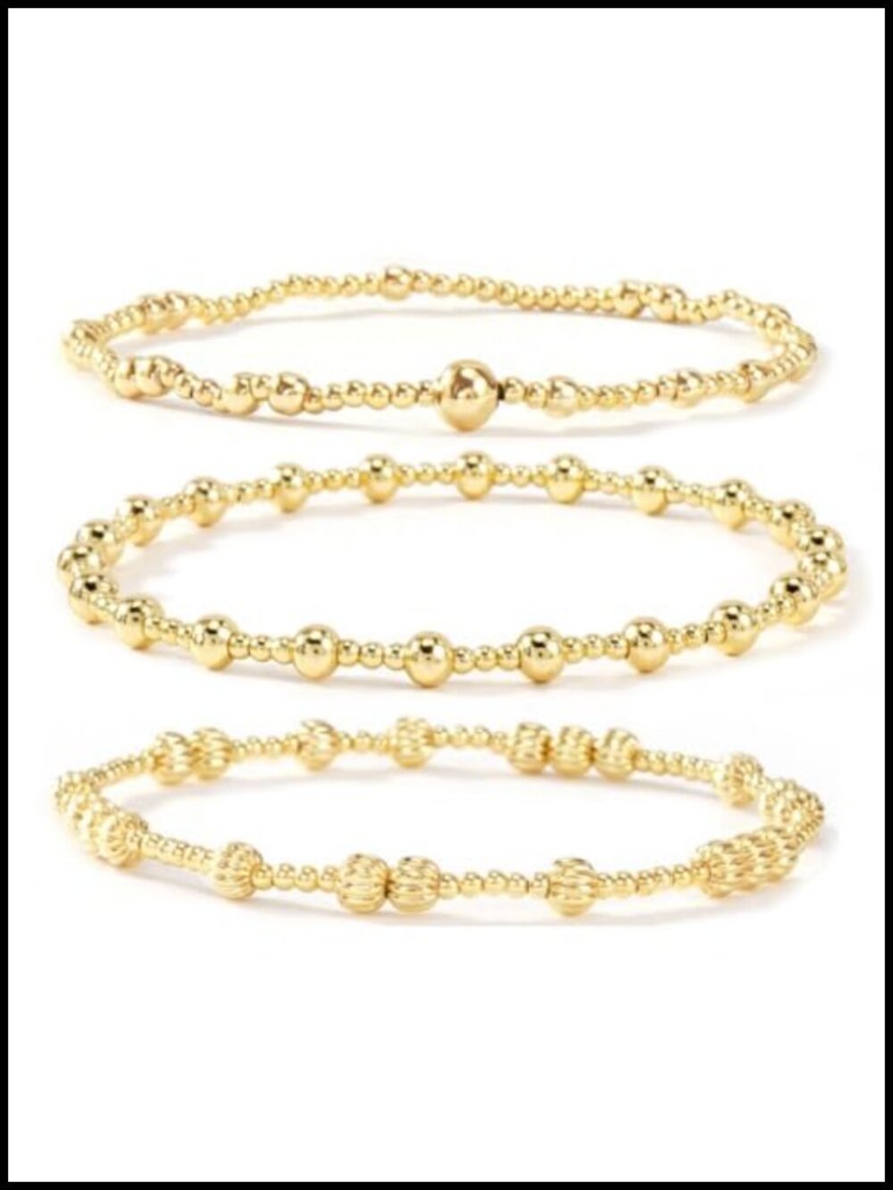14K Gold Stack Bead Bracelet Set for Women, 3Pcs Non-Tarnish Stretch Bracelets,